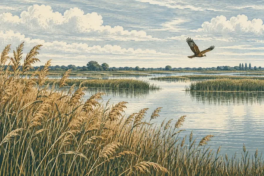Engraved illustration of a marsh harrier flying over Suffolk reedbeds and a lagoon.