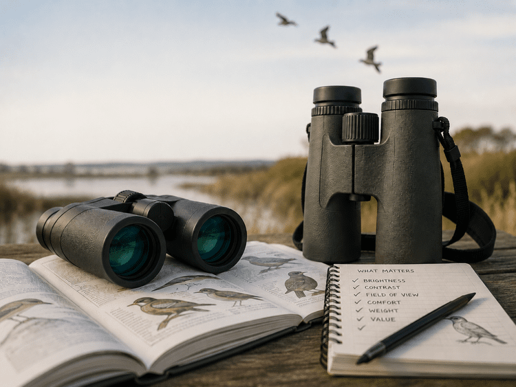 Binoculars and a field guide beside a wetland