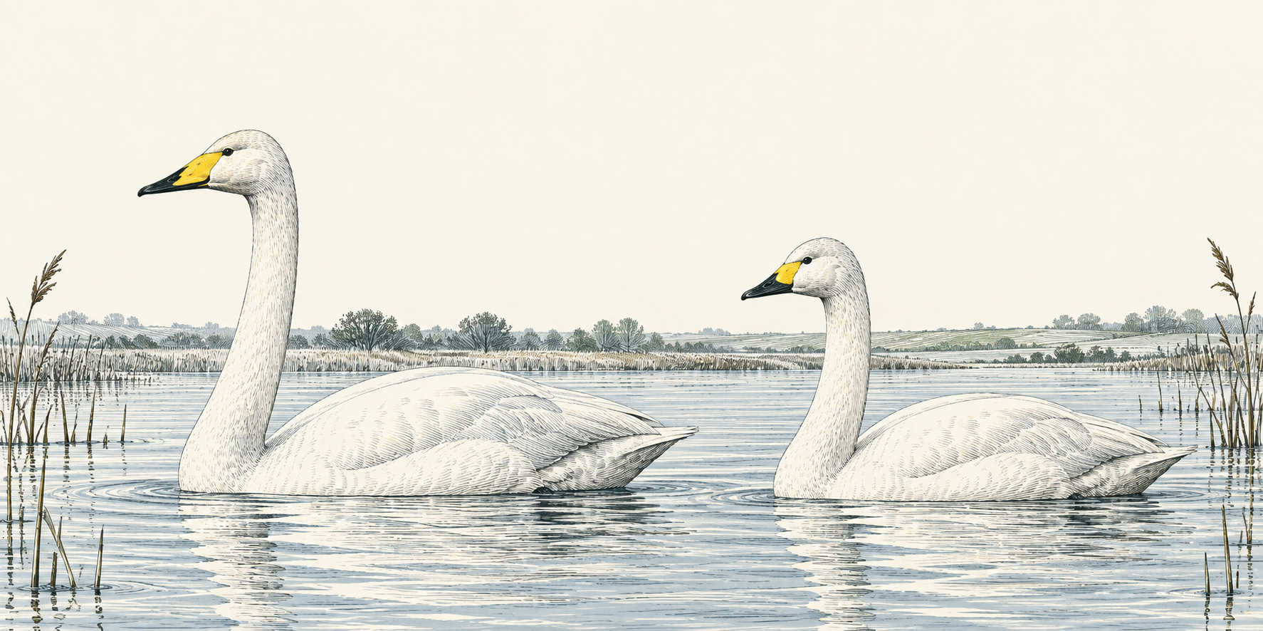 Engraved winter wetland with a larger Whooper Swan on the left and a smaller Bewick’s Swan on the right.