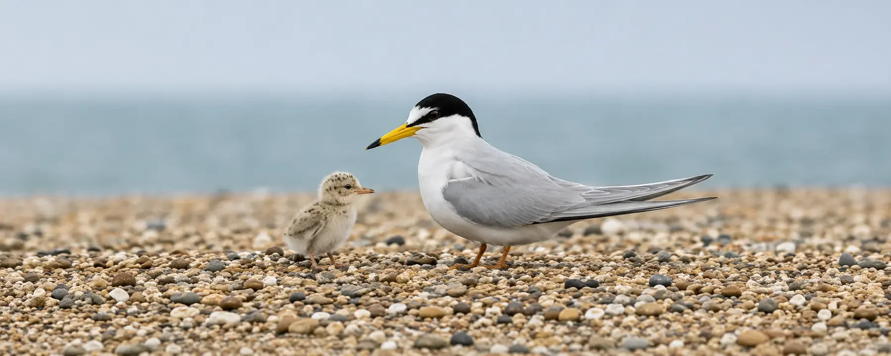 A little tern and a chick on a sandy beach with the ocean and sky in the background.