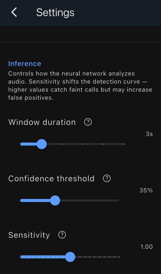 BirdNET Live inference settings showing a three-second analysis window, 35% confidence threshold and sensitivity 1.00.