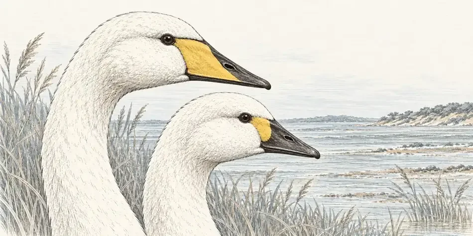 Engraved comparison of Whooper and Bewick’s Swan heads and bills