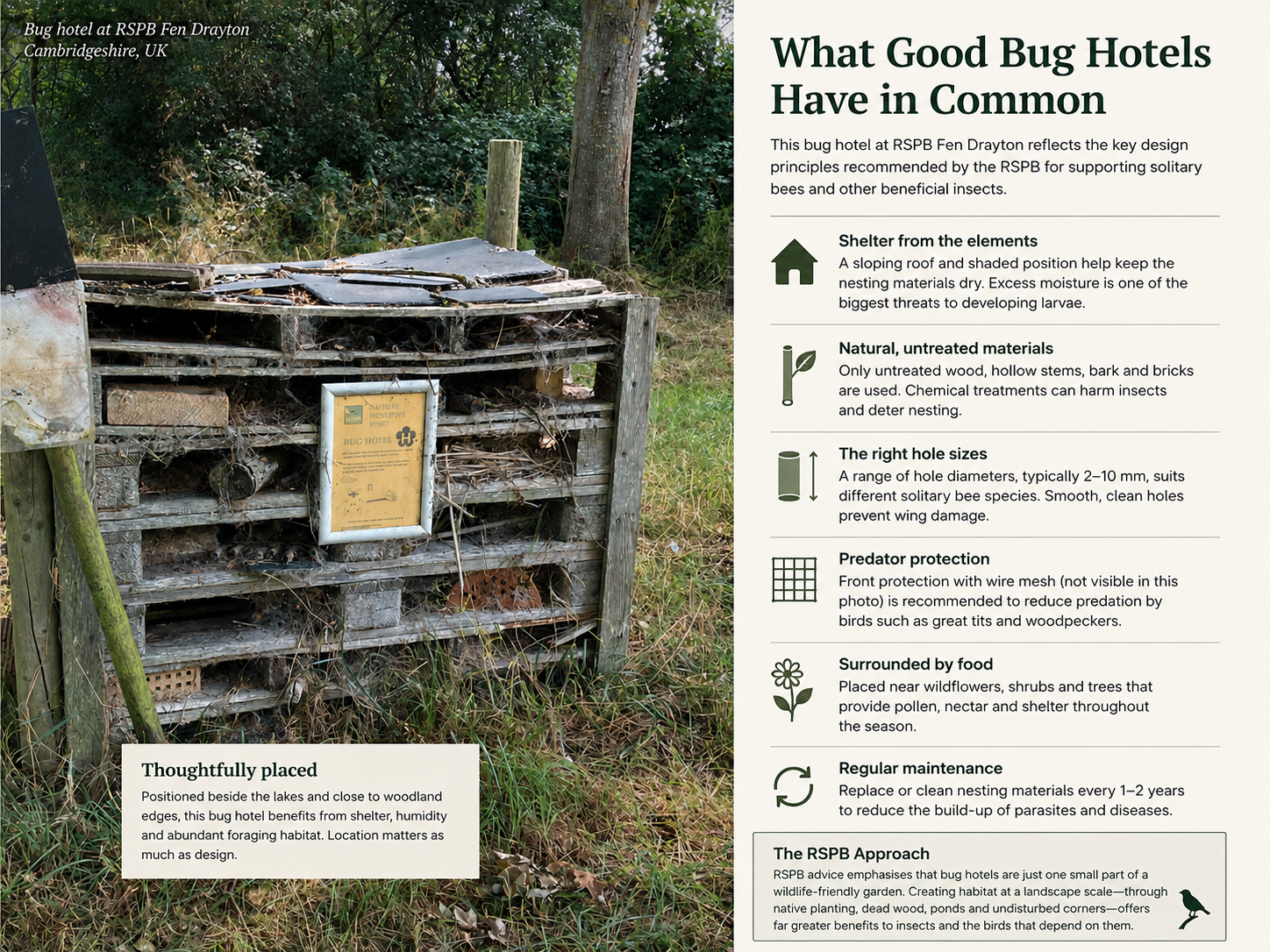 Image of well constructed bug hotel, rspb Fen dration, infografic on construction technique, including shelter, using natural untreated materials , protection from predators and regular maintenance.