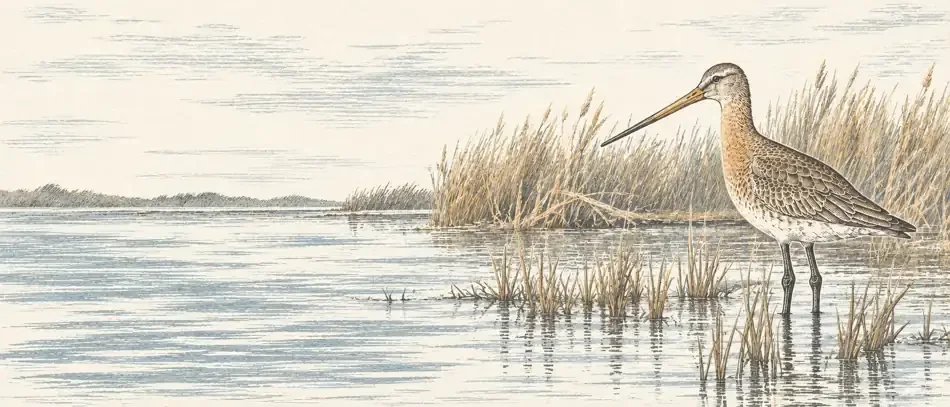 Long-billed wader standing beside reeds in a quiet East Anglian marsh