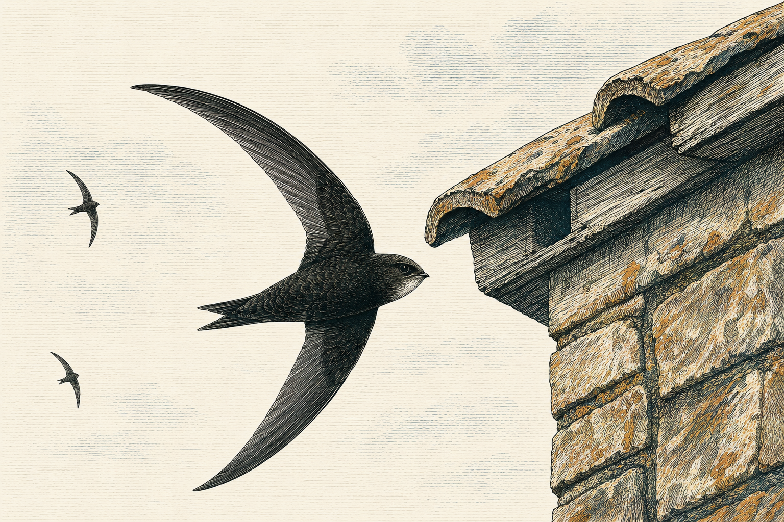 Illustration of three Common Swifts flying towards nesting gaps beneath the tiled eaves of a stone building