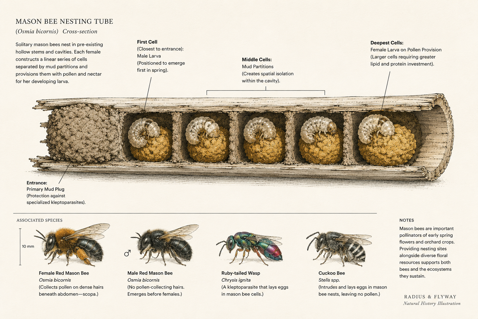 Graphic: Cross-Section of an Occupied Nesting Tube +-------------------------------------------------------+ | [Mud Plug] | [Egg/Larva] | [Pollen Ball] | [Wall] ... | +-------------------------------------------------------+
