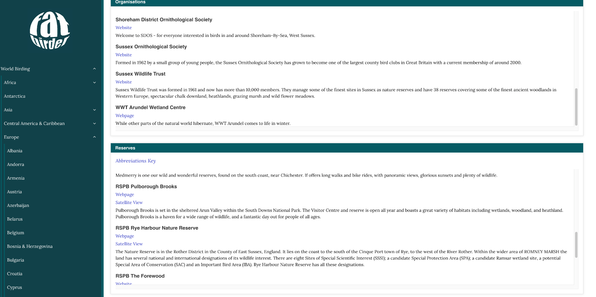 Fatbirder Sussex page listing birding organisations and reserves with website and satellite-view links.