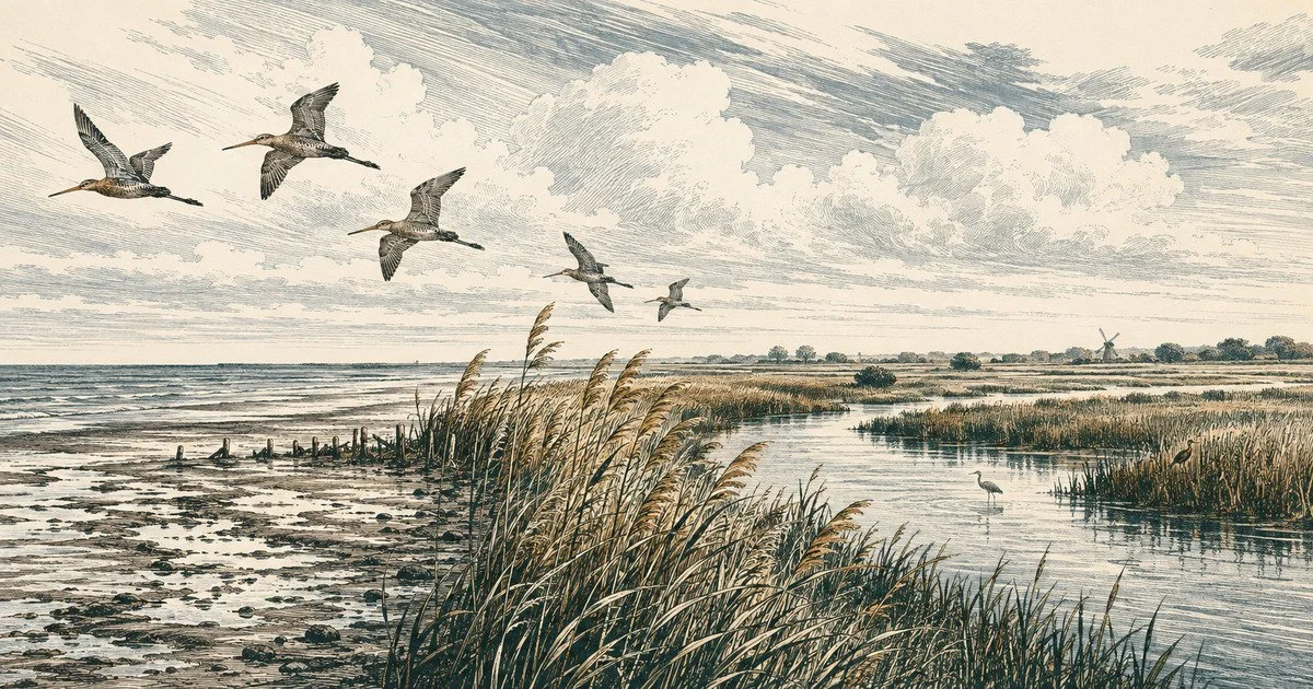 Engraved godwits flying over East Anglian mudflats, reedbeds and fenland water.