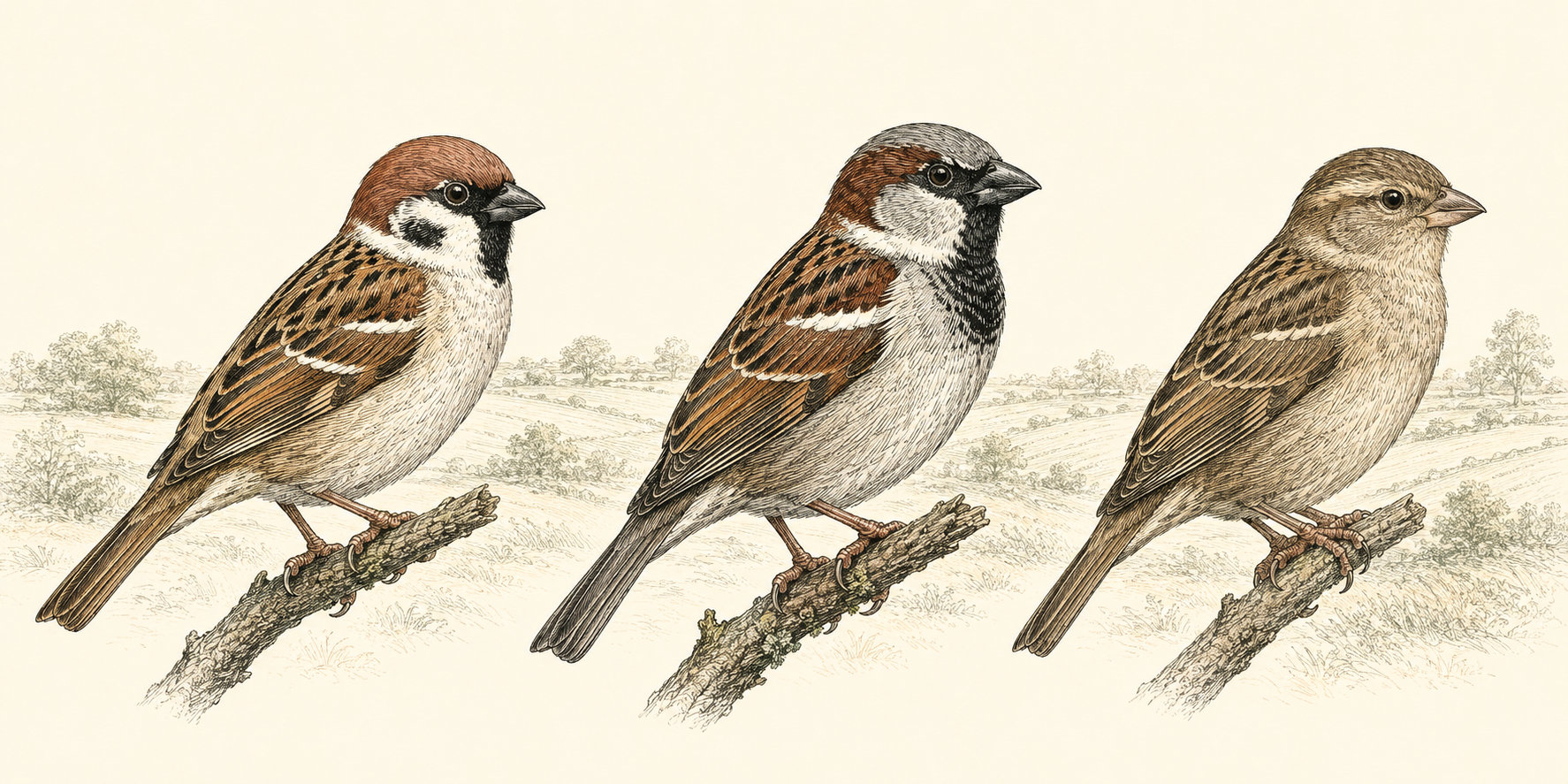 Engraved comparison of a Tree Sparrow with a chestnut crown and black cheek spot, a male House Sparrow with a grey crown and black bib, and a plain brown female-type House Sparrow.