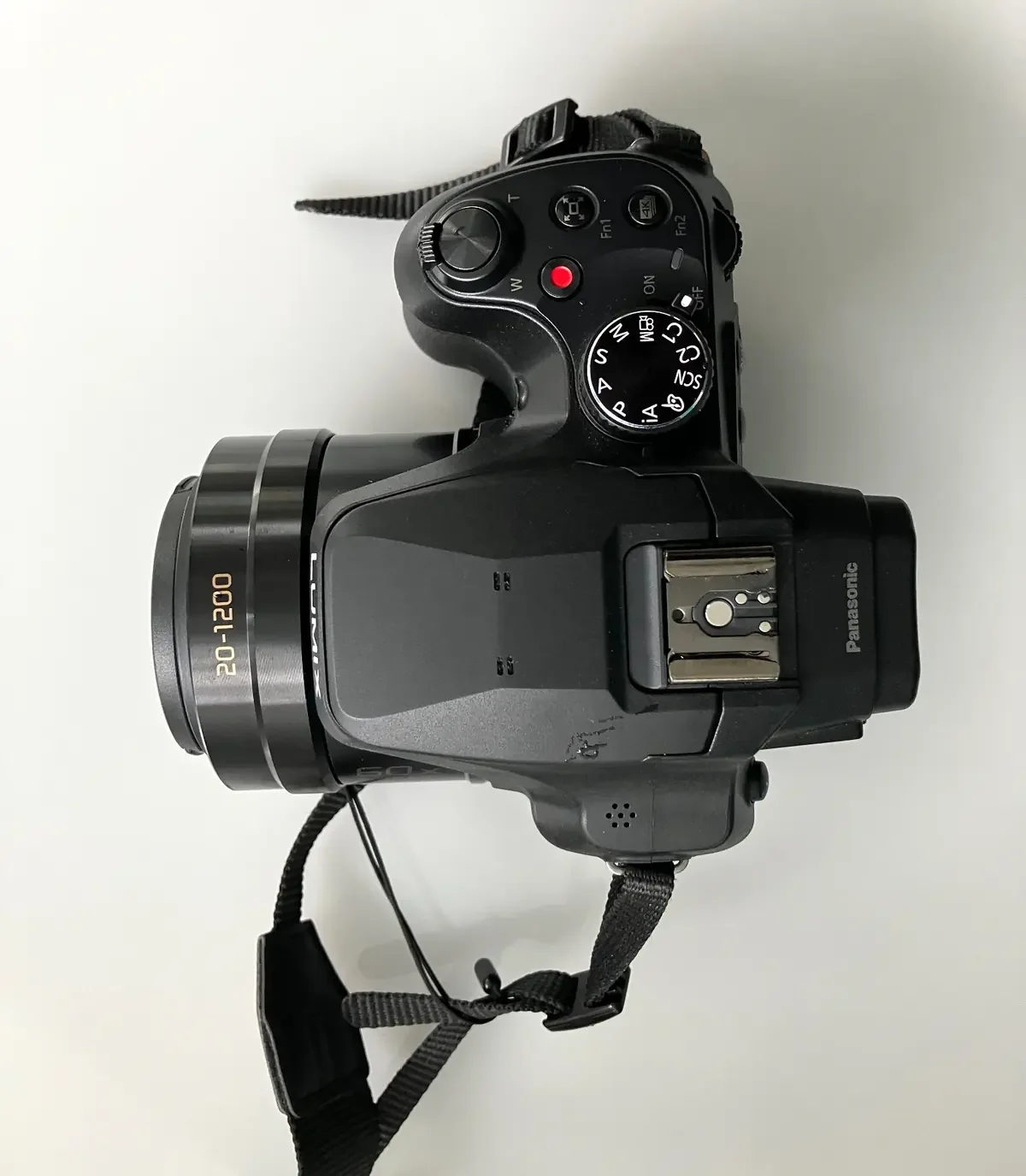 Top view of the Lumix FZ82D showing Fn1, Fn2, the shutter button and mode dial.