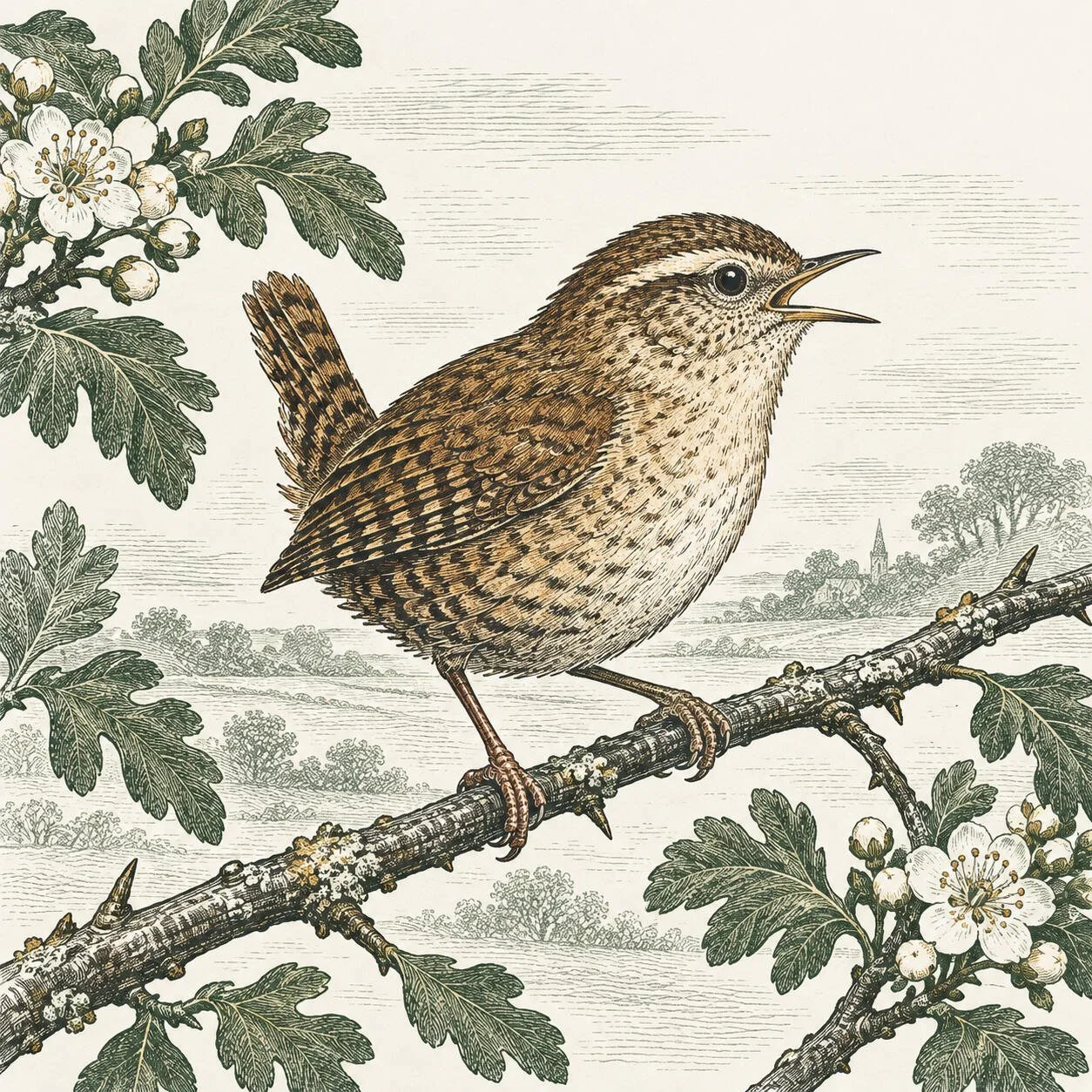 Engraved illustration of a Eurasian Wren singing from a hawthorn branch.