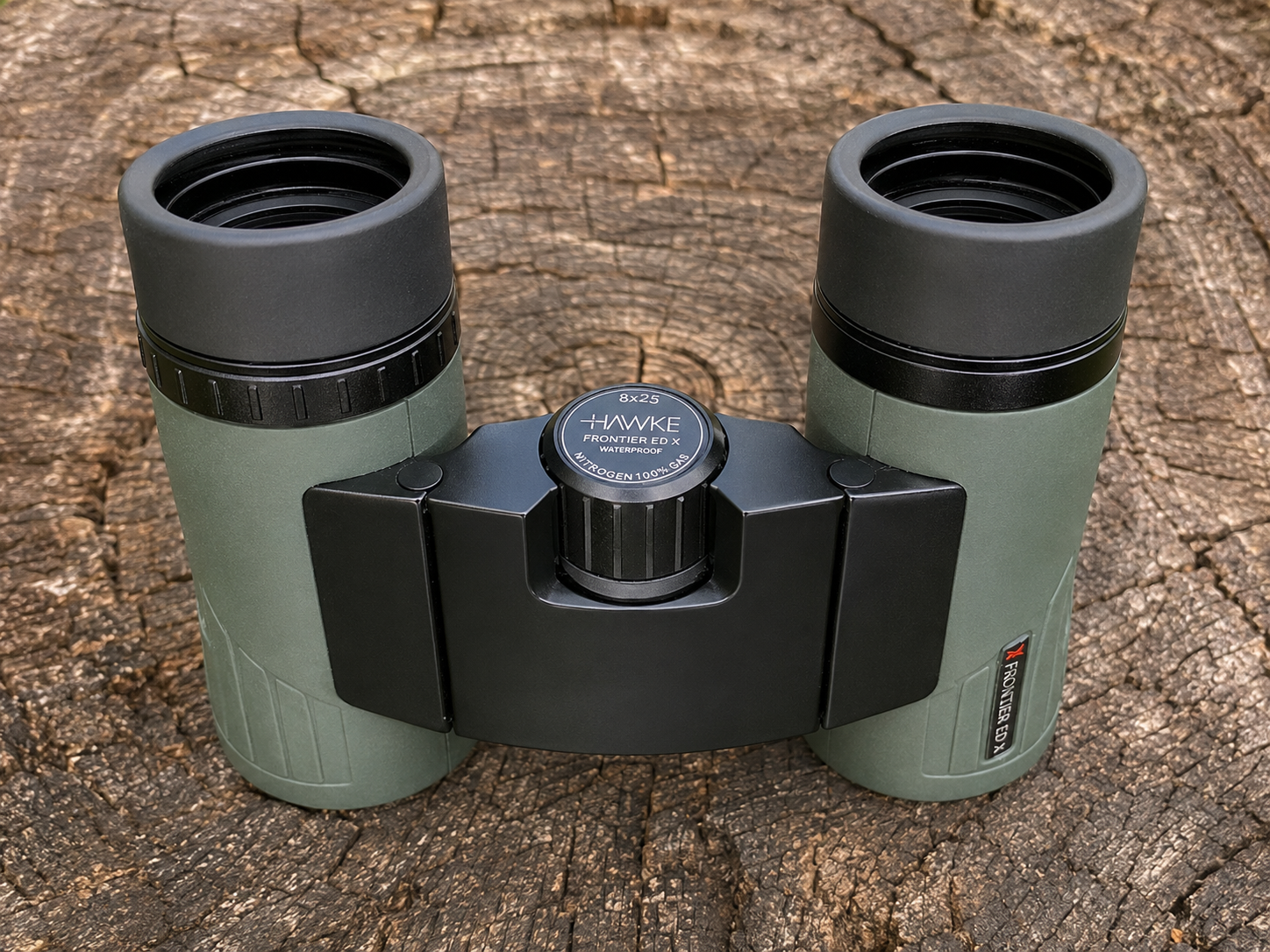 Green Hawke Frontier ED X 8×25 compact binoculars showing focus wheel