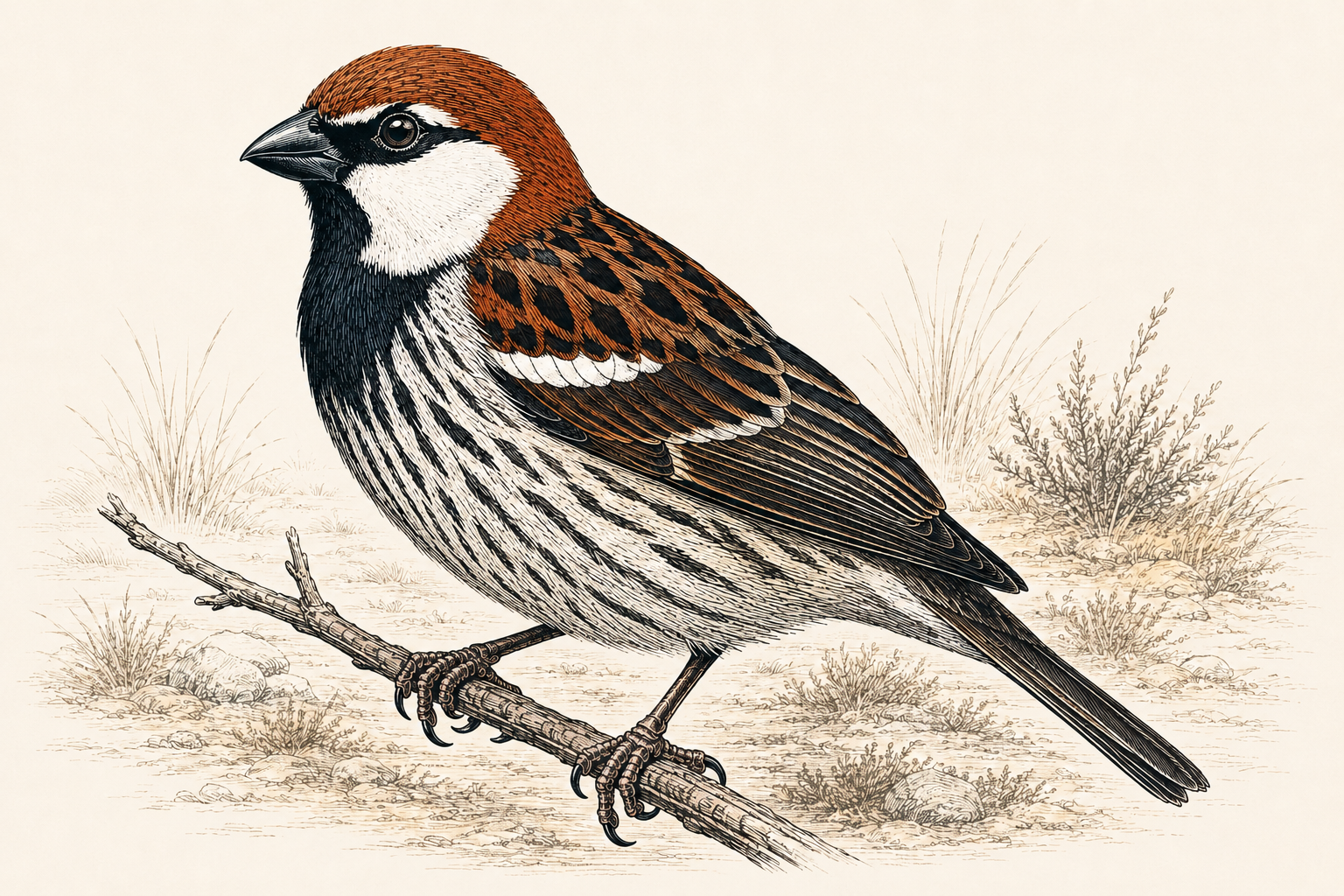 Wood-engraving-style illustration of a male Spanish Sparrow with a chestnut crown, white cheek, black breast and heavily streaked flanks.