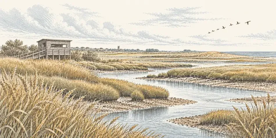 East Anglian coastal marsh with a hide, reedbeds and tidal creeks