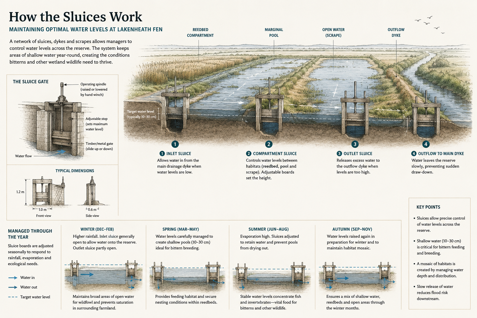 Cross-sectional schematic of an adjustable sluice gate at RSPB Lakenheath Fen. The system regulates the water table to maintain the critical 10–30 cm foraging shelf across re-profiled peat fields, mimicking natural seasonal fluctuations