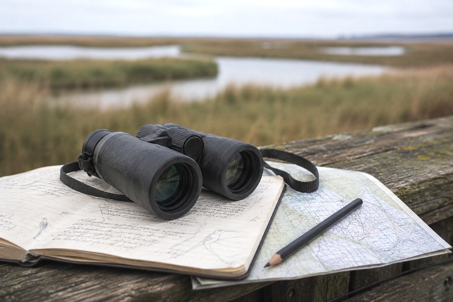 Binoculars, a map, a notebook, and a pencil placed on a wooden surface outdoors near a marshy wetland landscape.