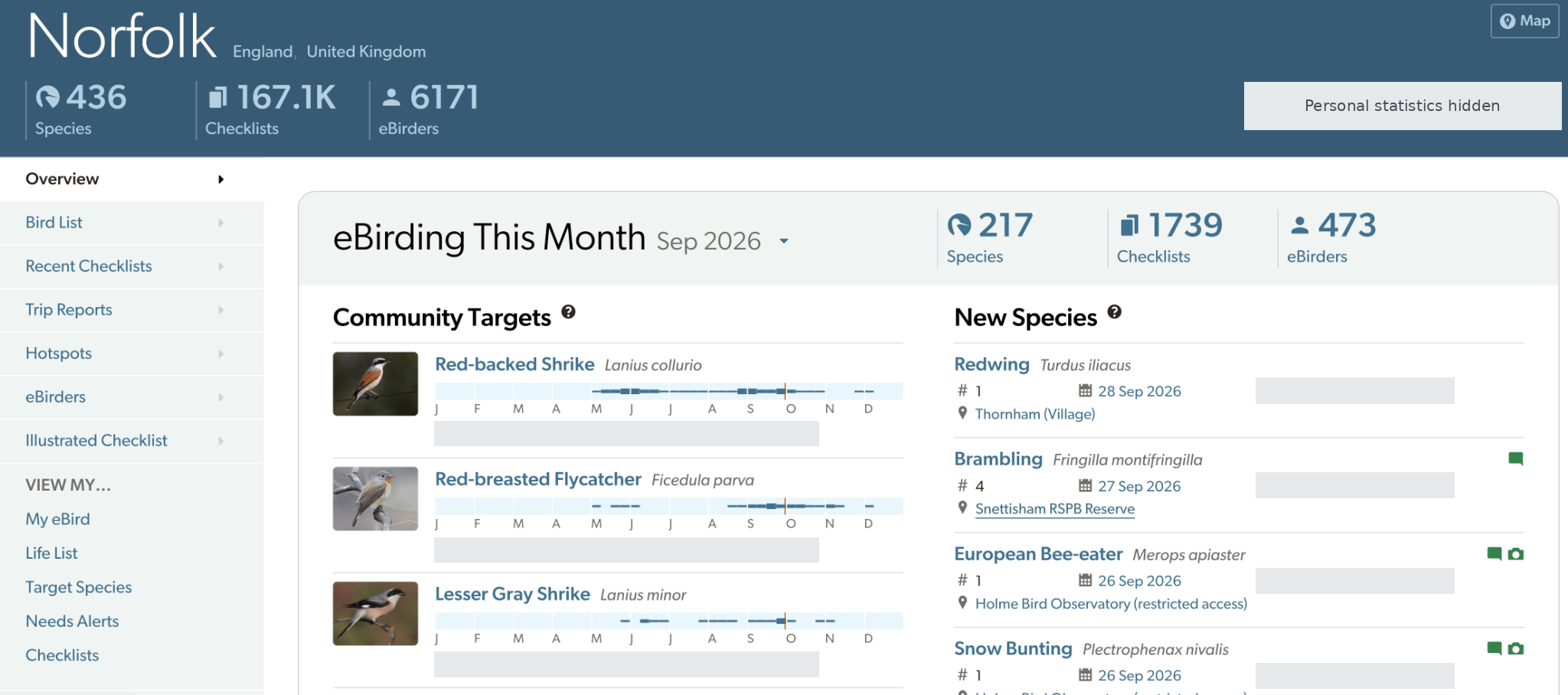 eBird Norfolk overview for September 2026, with Community Targets and recently added species shown in separate panels.