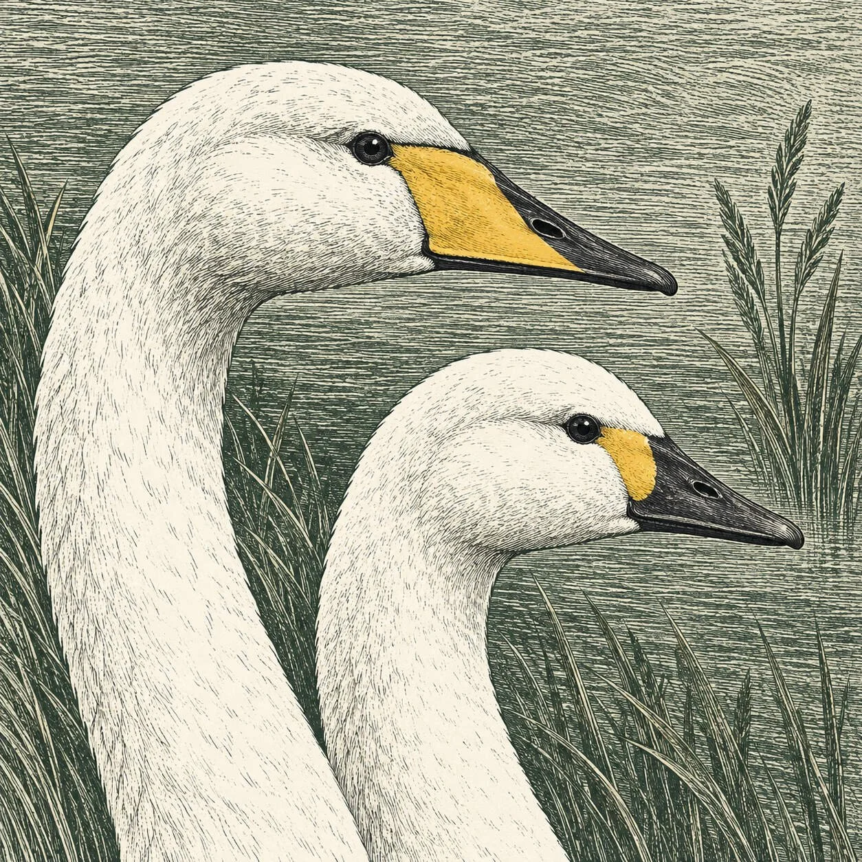 Engraved profiles of a Whooper Swan above left and a Bewick’s Swan below right.