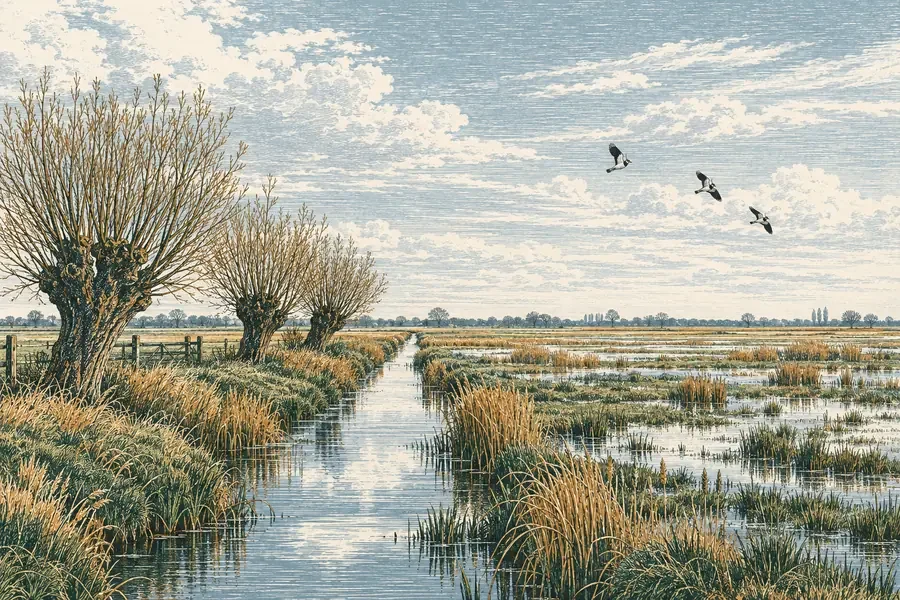 Engraved illustration of lapwings over Fenland wet meadows, a drainage channel and pollarded willows.