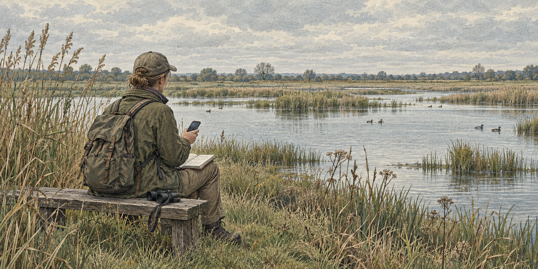 Illustration of a birder recording observations on a phone beside a reed-fringed pool, with binoculars and an open notebook.