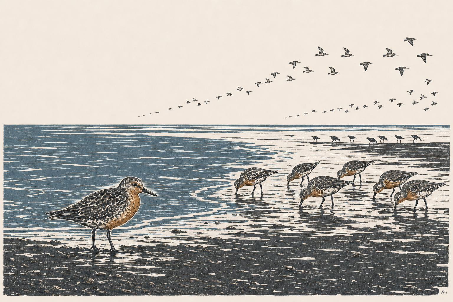 Illustration of shorebirds, including one in the foreground and several more wading in the water, with a flock flying in the sky over the beach.