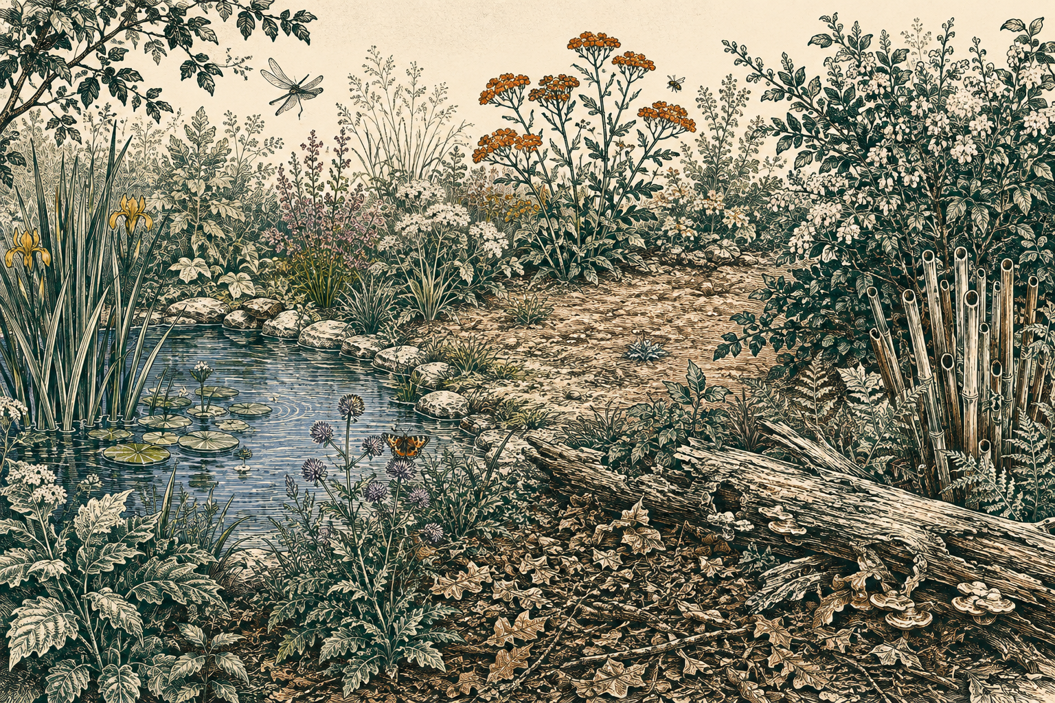 Garden habitat mosaic with flowering plants, bare soil, dead wood, leaf litter, native shrubs and a small pond.