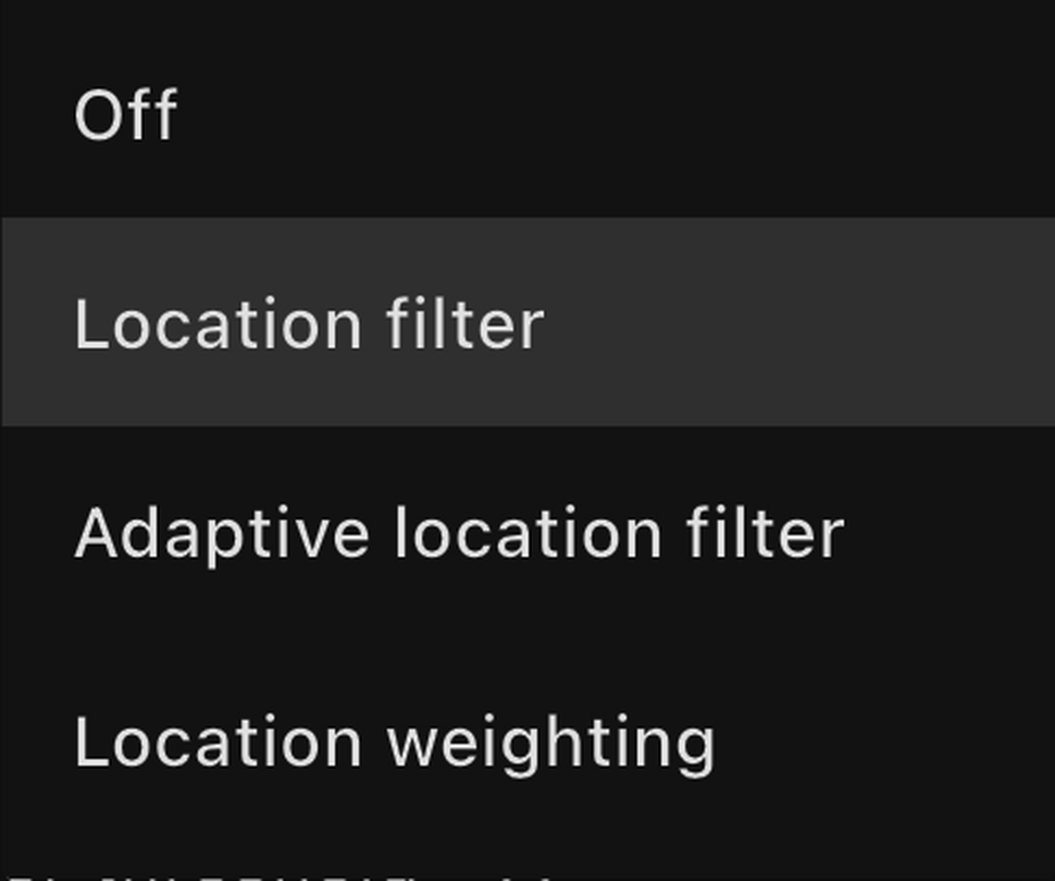 BirdNET Live location settings showing Off, Location filter, Adaptive location filter and Location weighting.