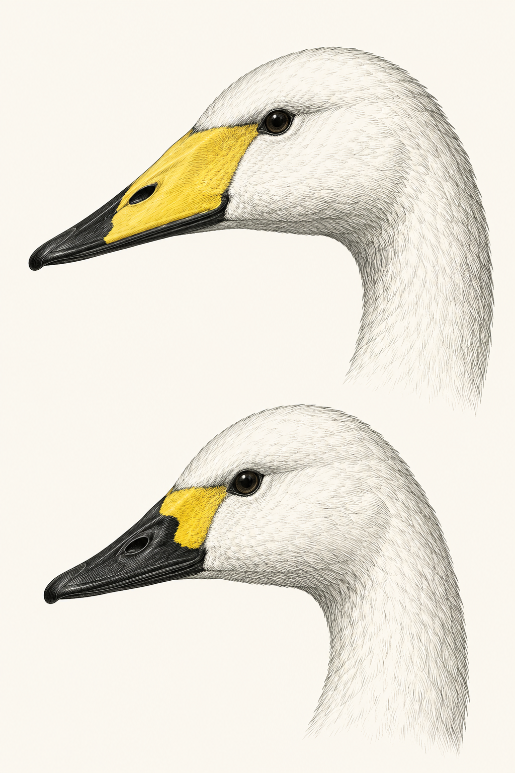 Engraved adult swan heads: Whooper above with a pointed yellow bill patch, Bewick’s below with a smaller rounded patch.