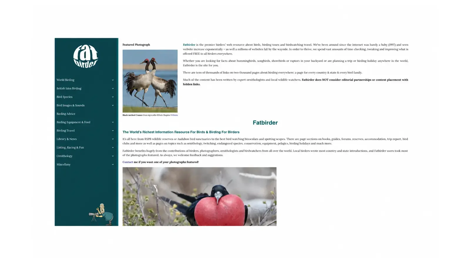 Fatbirder homepage with directory navigation and an introduction to its birding resources.