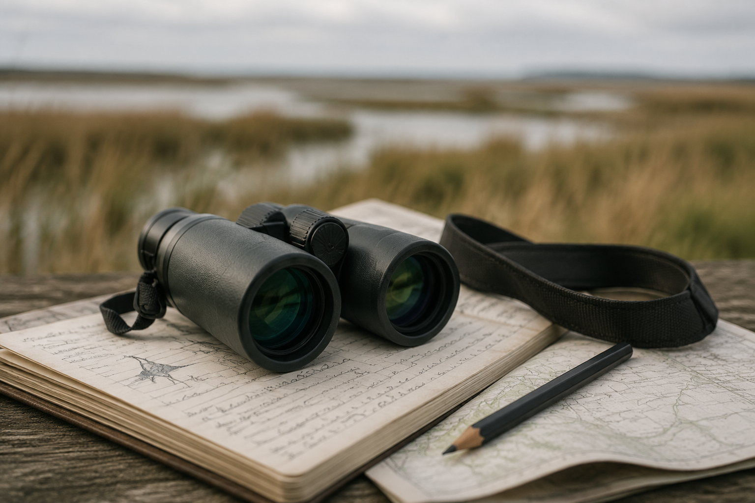 Birdwatching binoculars resting on field notes beside a wetland.