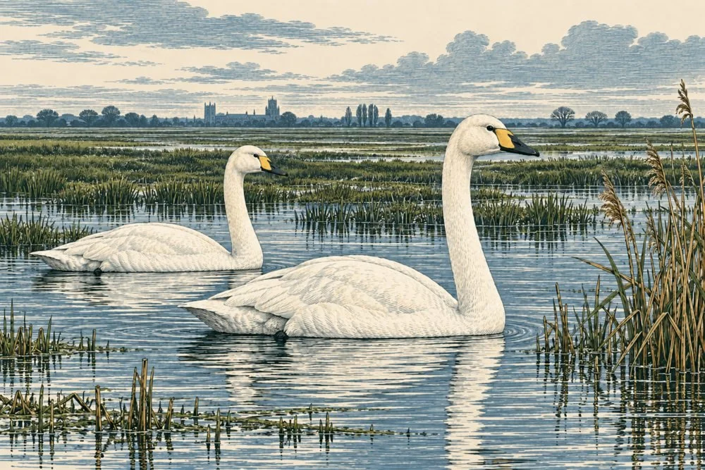 Engraved illustration of two whooper swans on Fenland water, with Ely Cathedral on the distant skyline.