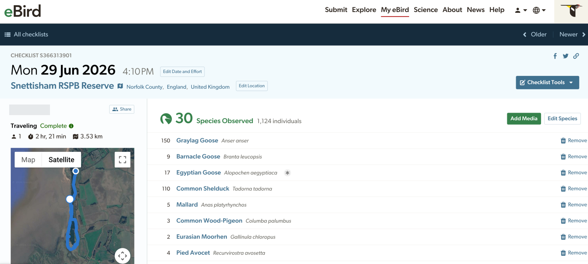 eBird checklist for Snettisham showing 30 species, the walked route, a duration of two hours and 21 minutes and a distance of 3.53 kilometres.