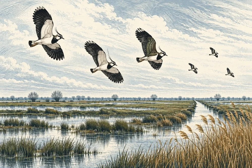 Engraved illustration of lapwings flying over flooded Fenland meadows and a drainage channel.