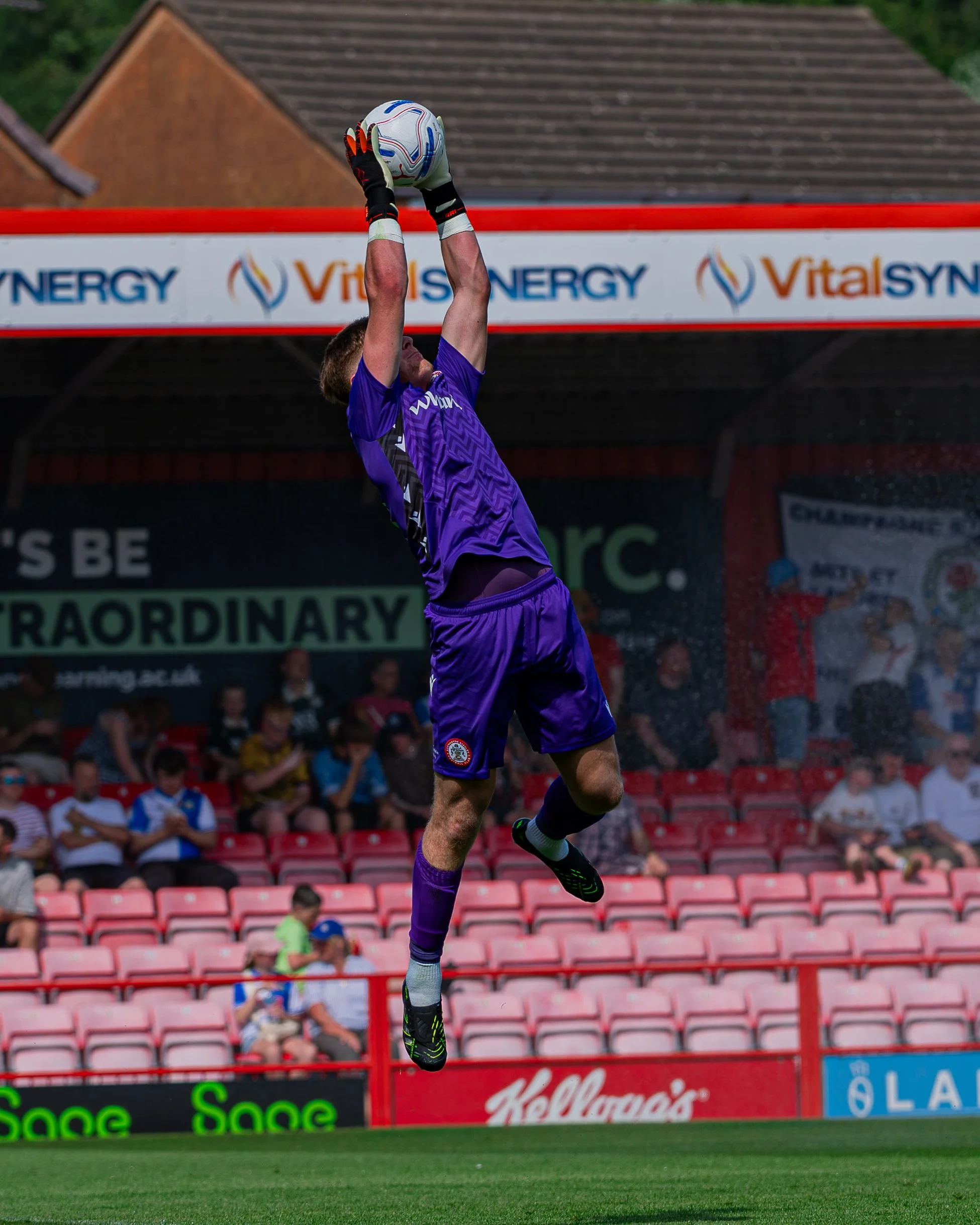 Soccer goalkeeper in purple uniform jumps to catch a white soccer ball with blue and red details during a match, with spectators in the background and advertising banners along the field.