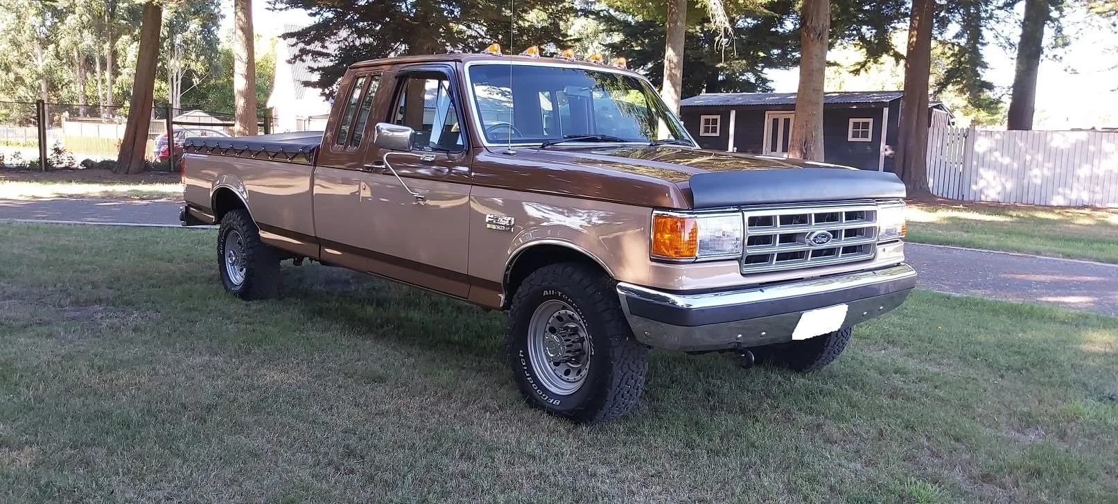 A vintage Ford pickup truck parked on a grassy lawn with trees and a small building in the background.