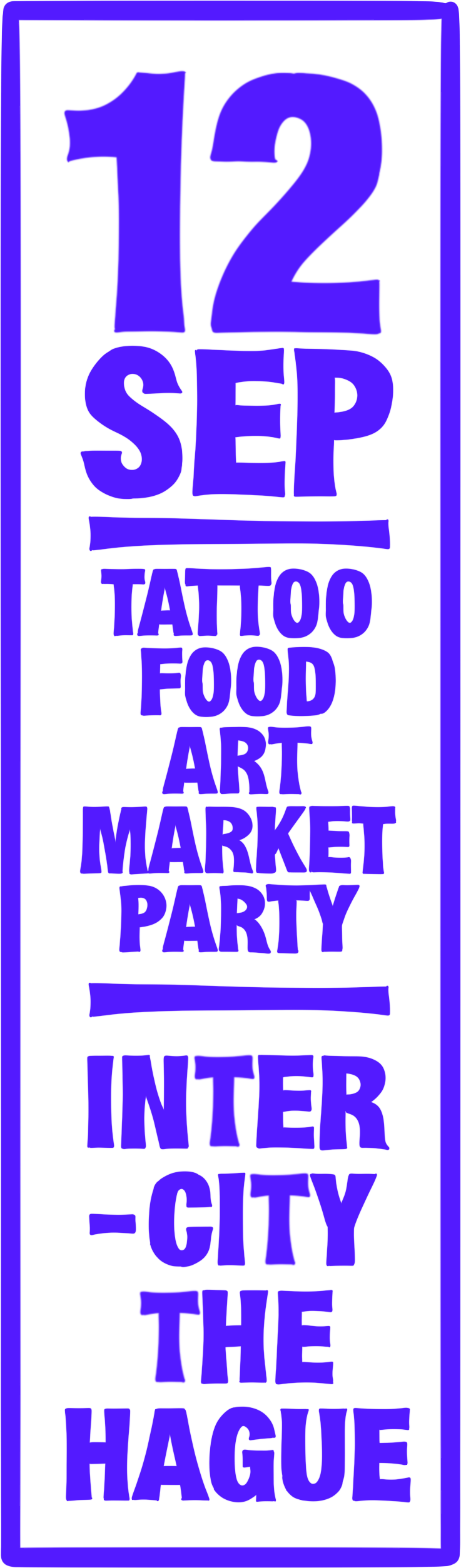 Vertical banner met de datum '12 SEP' en woorden zoals TATTOO, FOOD, ART, MARKET, PARTY, en de locatie 'INTER-CITY THE HAGUE' in grote blauwe letters op een witte achtergrond met een blauwe rand.