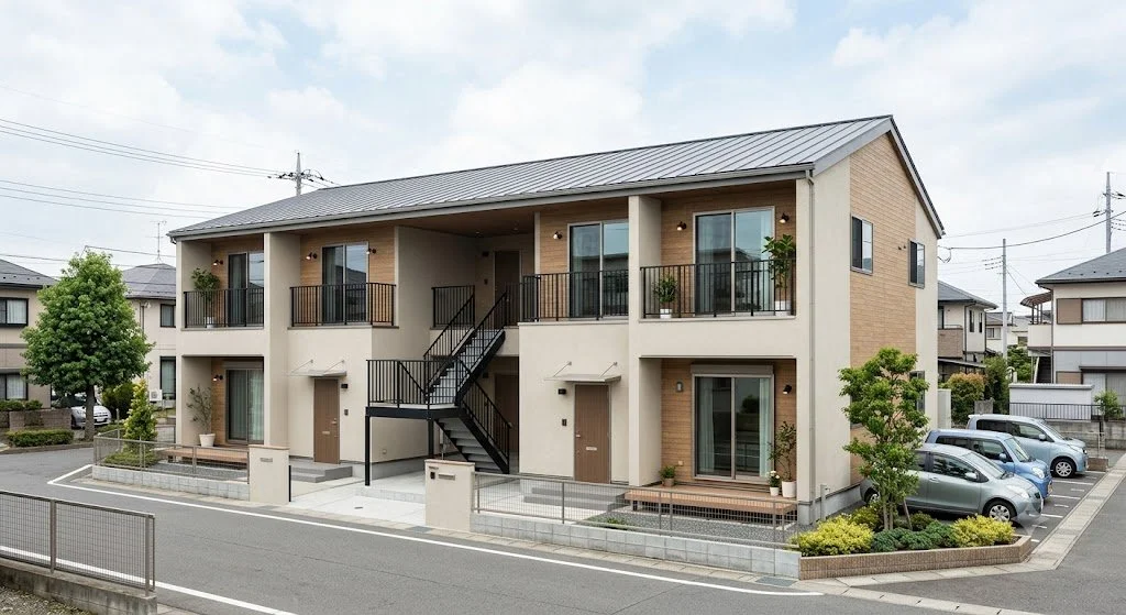 二階建てのアパートメント、駐車場と緑の植栽、青空
