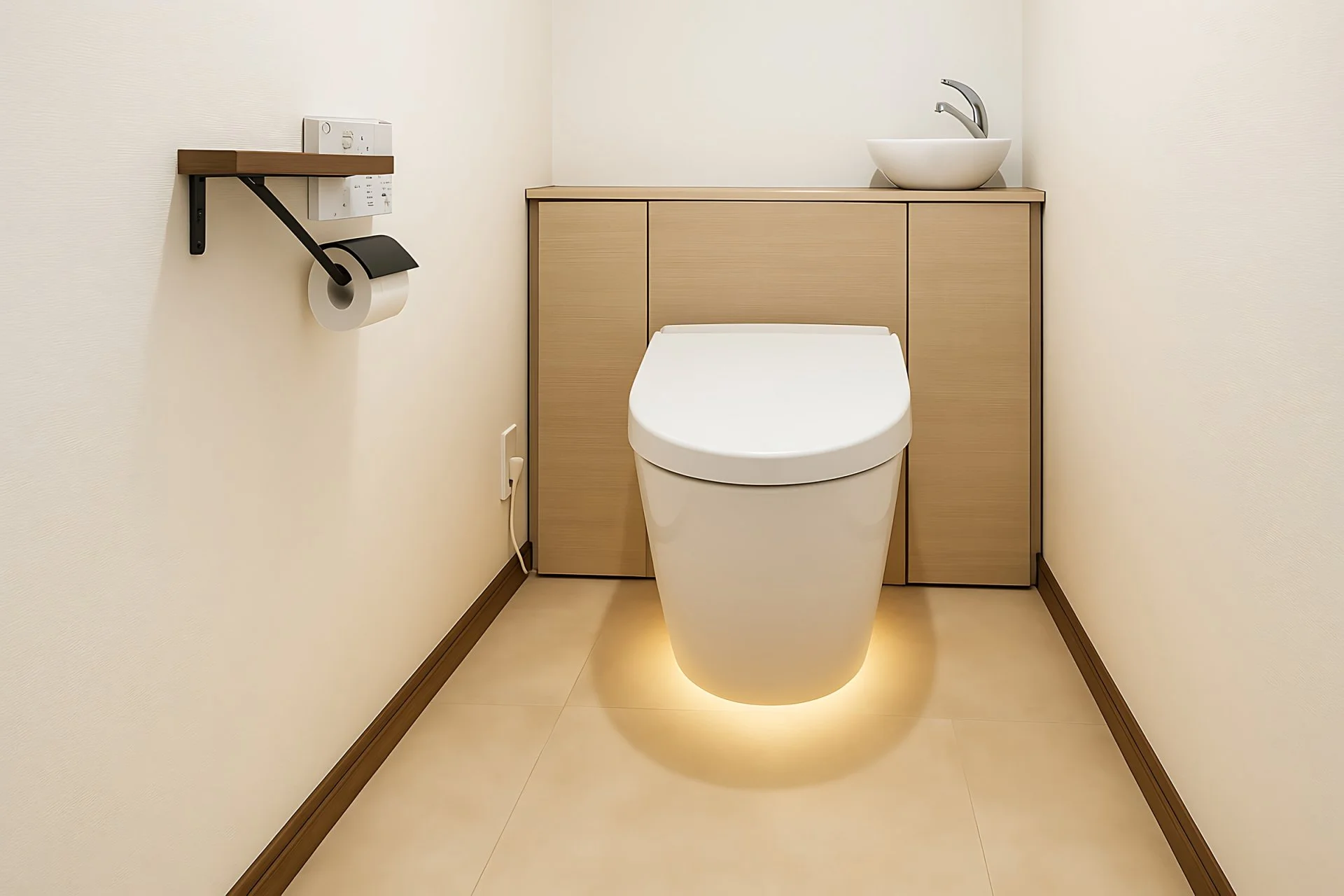 清潔なトイレと洗面台のあるシンプルなバスルーム。ウォシュレット付きの便座、紙巻き器と棚が設置されている。