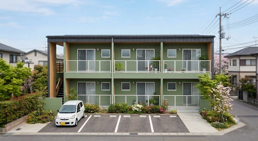 緑色の二階建てアパートとその前の駐車場に白い車が止まっている風景