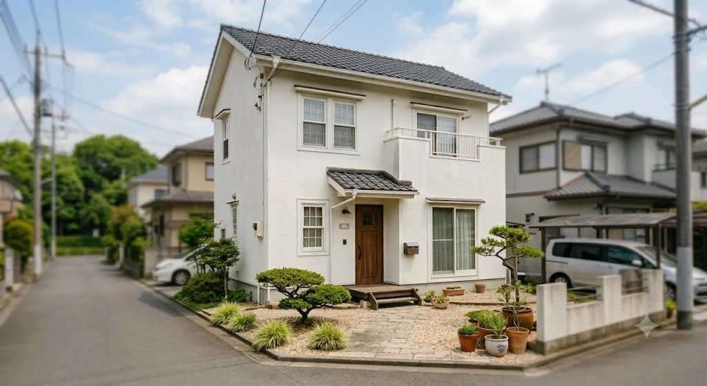 白い二階建ての住宅と庭。玄関には木製のドアがあり、前の庭には盆栽や鉢植えの植物が並んでいる。周囲には他の住宅も見える。」}