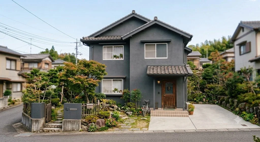 黒い二階建ての家と庭。家の前には石の階段と緑豊かな庭園があり、木製のドアとバイクも見える。