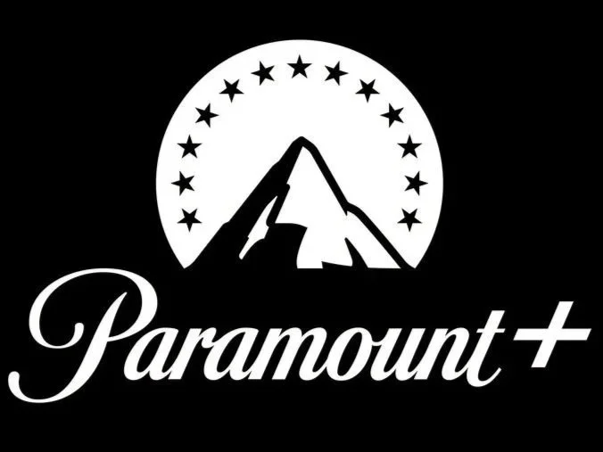 Black and white Paramount+ logo with a mountain and stars.