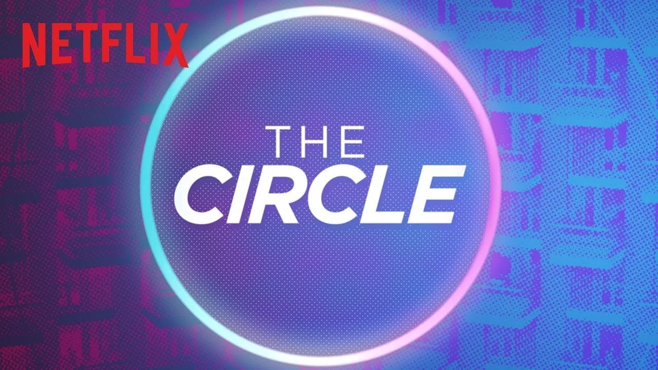 A promotional graphic for the Netflix series 'The Circle' featuring a neon-lit circle with a background of abstract patterns in purple and blue.