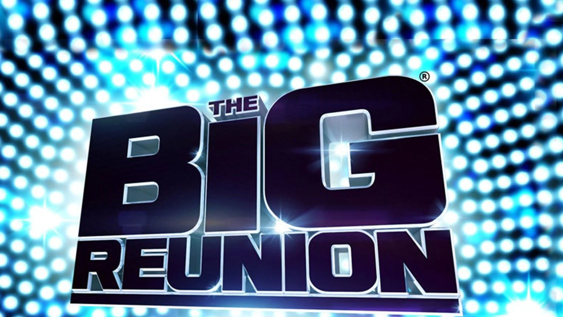 Logo for the reality TV show 'The Big Reunion' with a background of blue glowing lights.