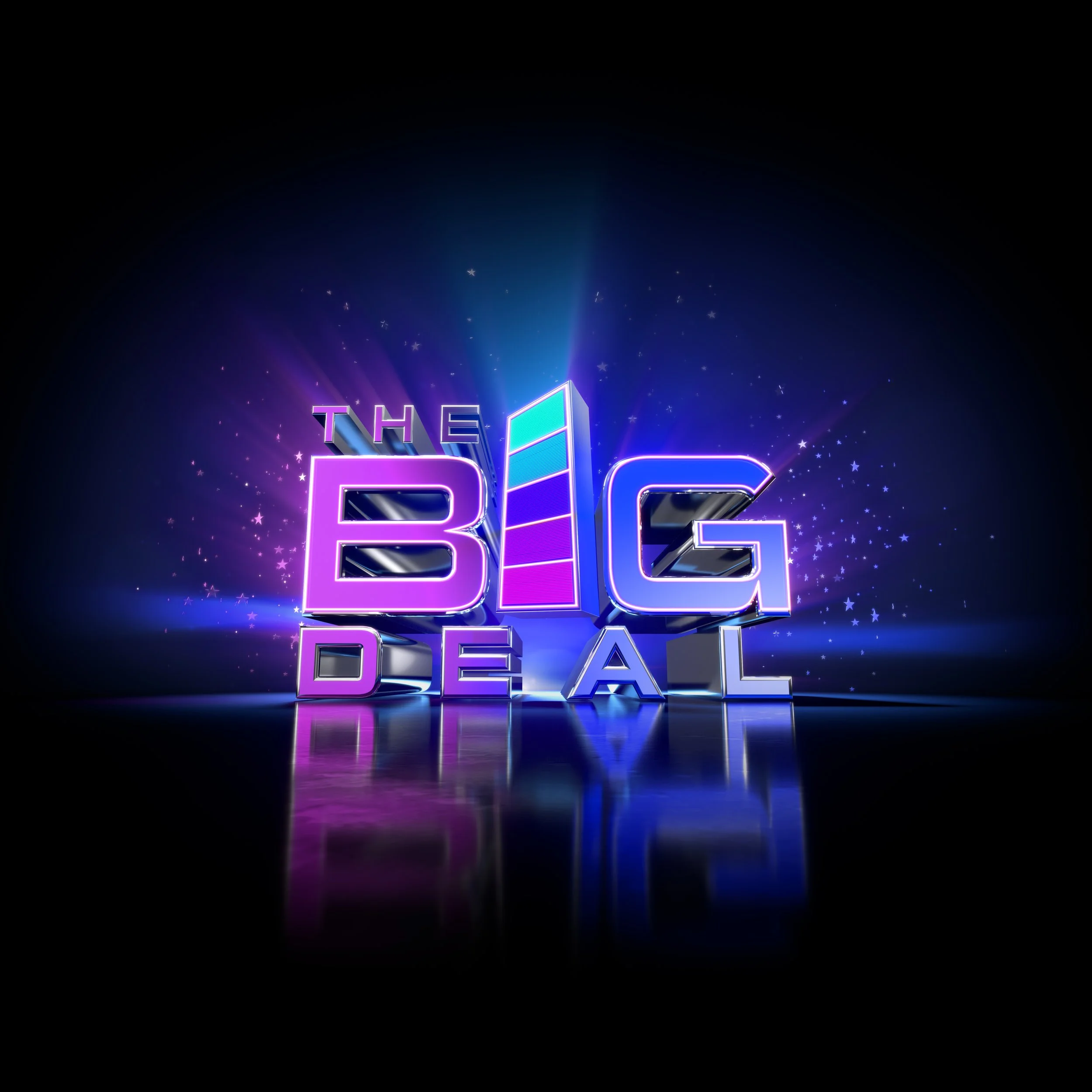 Colorful neon sign reading 'The Big Deal' with sparkles and light effects on a dark background.
