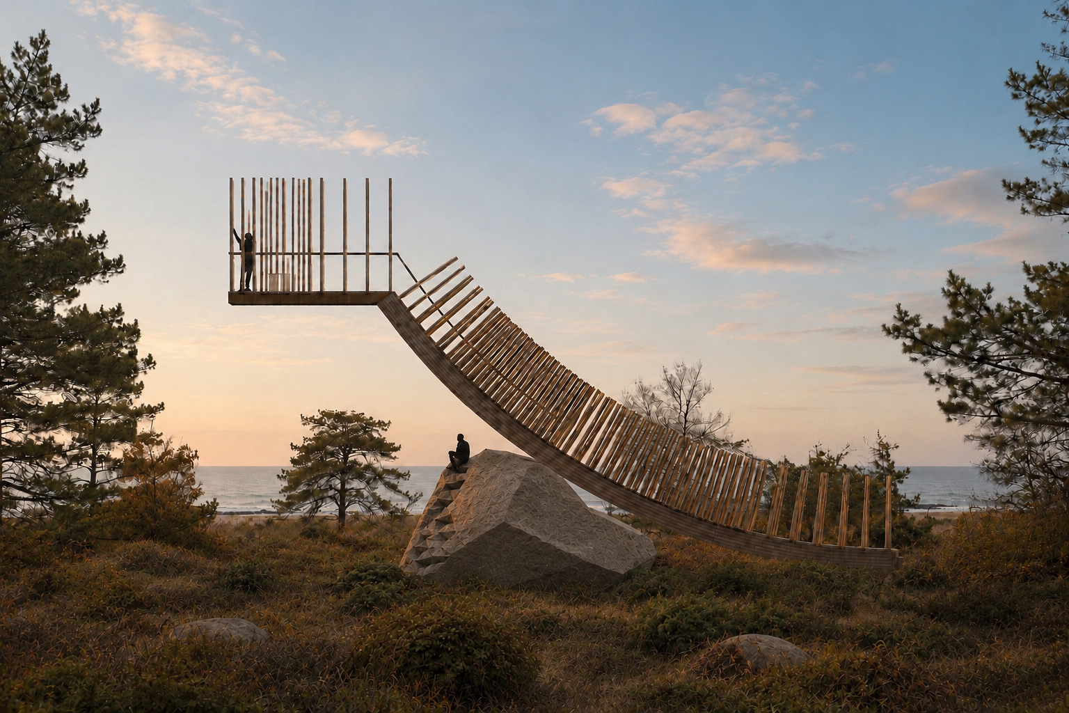 The Quiet Tower, timber observation structure designed as a spatial journey towards contemplation and the surrounding landscape.