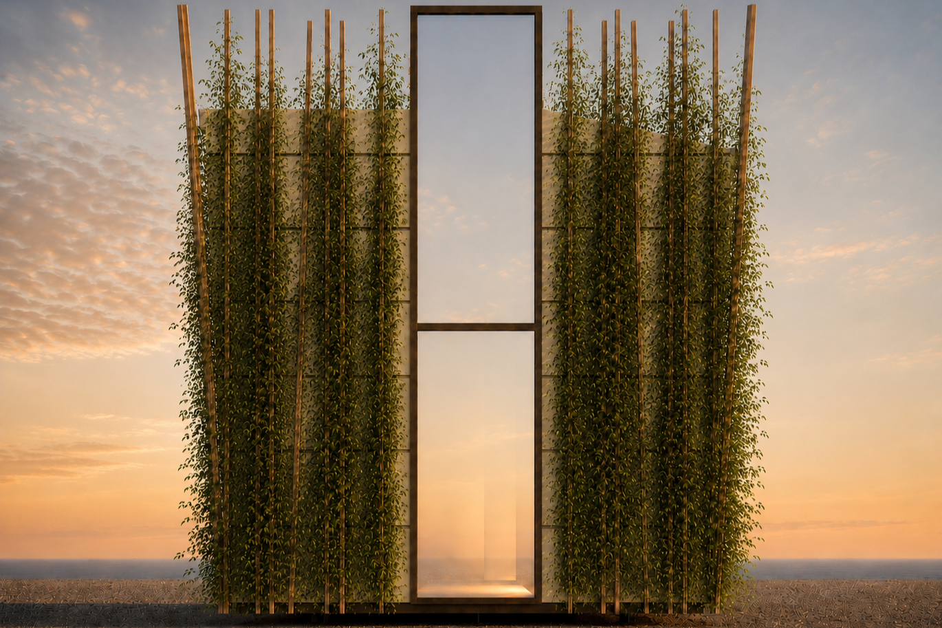 Front elevation of the Off-Grid Living Module integrating vegetation, natural light and minimal architecture.