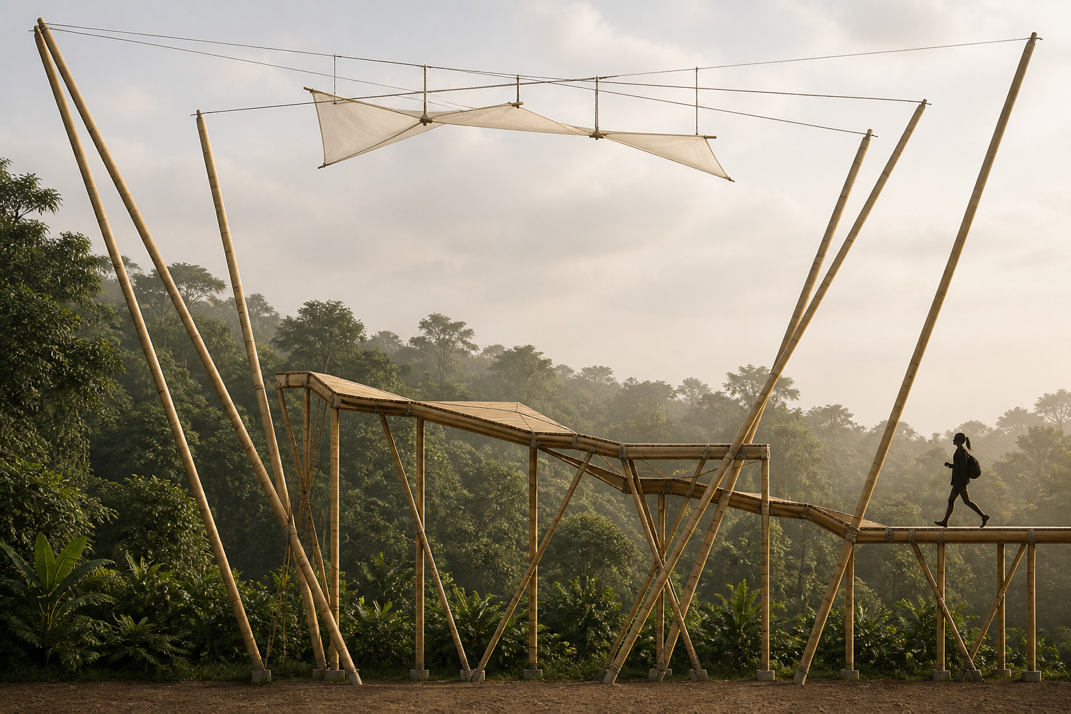 Forest Listening Pavilion, elevated bamboo structure designed as a quiet place for listening and connection with the surrounding forest.
