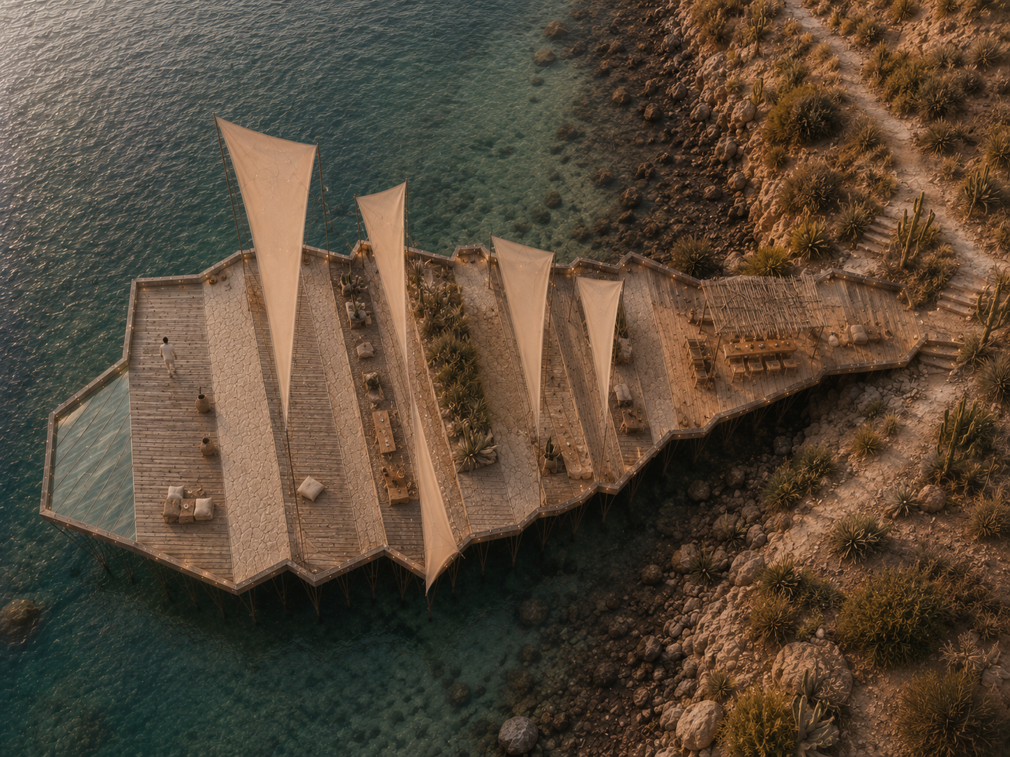 Open Horizon hospitality deck overlooking the Mediterranean coastline, designed to strengthen the relationship between people, landscape and the sea.