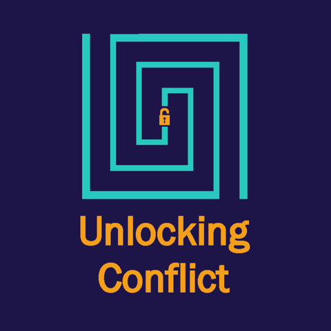 A maze with a lock symbol at the center and the text 'Unlocking Conflict' underneath.